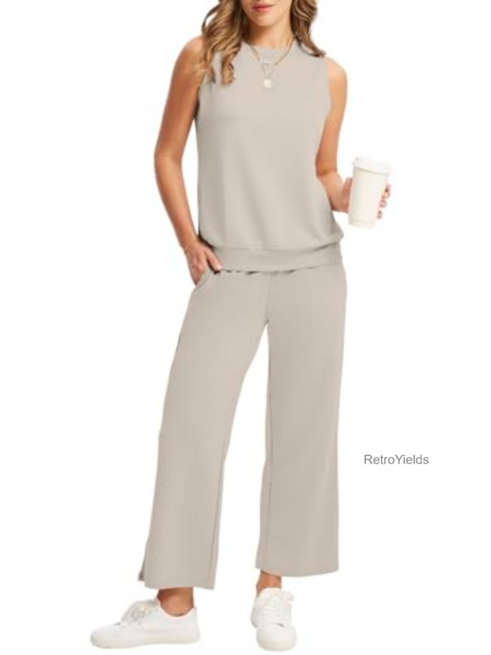 Two Piece Set Women Sleeveless Wide Leg Crop Pants Loungewear Travel